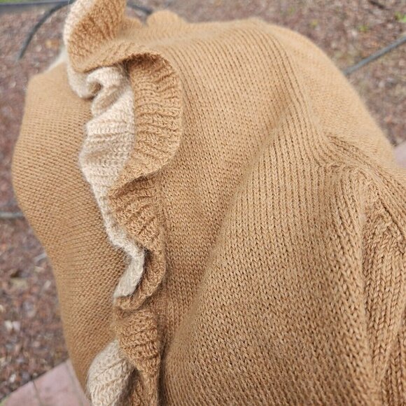 Baby Alpaca Sweater Womens L Beige Brown Ruffled Long Sleeve Cardigan Peru Fibra - Picture 10 of 10
